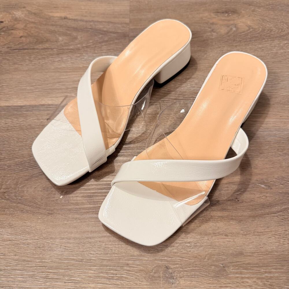 White Clear Strap Square Toe Low Block Heel Mule Sandals EU 35